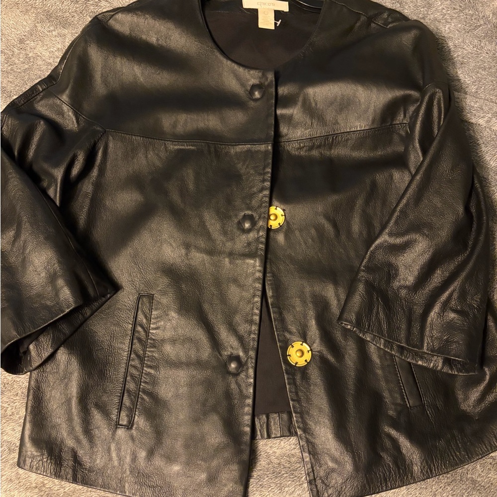 Chico’s Classic Black Leather Jacket with Decorative Buttons & crop sleeves